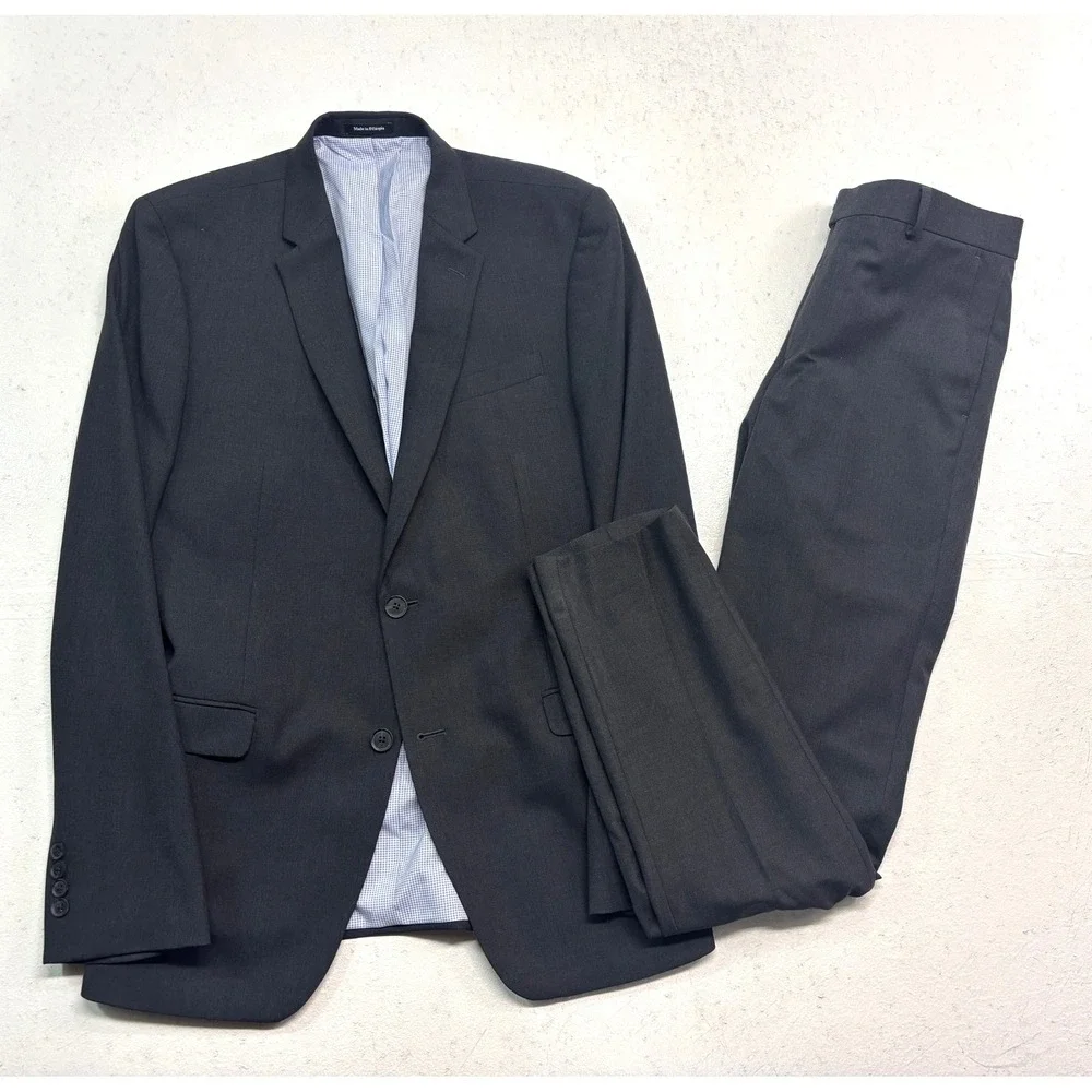 Egara 42L 32x34 Charcoal 2pc Pant Suit Slim Fit Modern Two Button Mens Stretch
